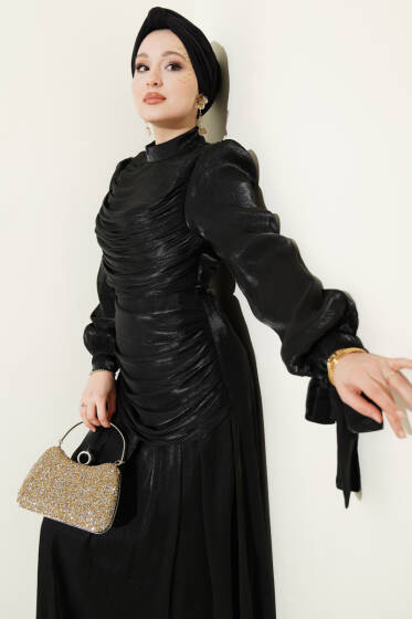 Drapeli Kol Ucu Bağlamalı Abiye Elbise Siyah - Elbise