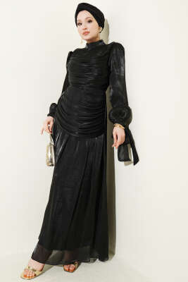 Drapeli Kol Ucu Bağlamalı Abiye Elbise Siyah - Elbise