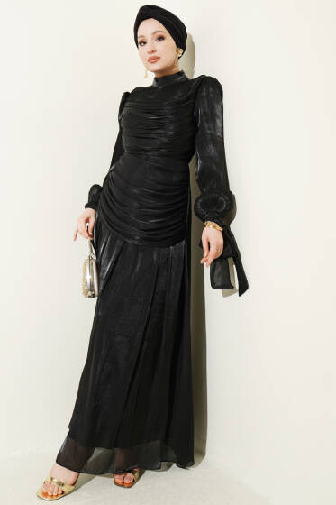 Drapeli Kol Ucu Bağlamalı Abiye Elbise Siyah - Elbise