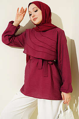 Drapeli Kuşaklı Tunik Bordo - TABLO FASHİON