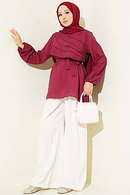 Drapeli Kuşaklı Tunik Bordo - Tunik
