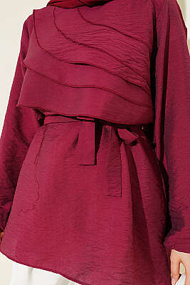 Drapeli Kuşaklı Tunik Bordo - Tunik