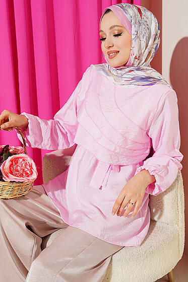 Drapeli Kuşaklı Tunik Pembe - Tunik