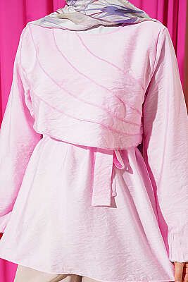Drapeli Kuşaklı Tunik Pembe - Tunik