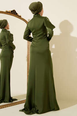 Drapeli Saten Abiye Elbise Haki - Elbise