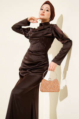 Drapeli Saten Abiye Elbise Kahve - Elbise