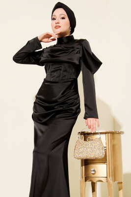 Drapeli Saten Abiye Elbise Siyah - Elbise