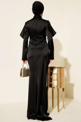 Drapeli Saten Abiye Elbise Siyah - Elbise