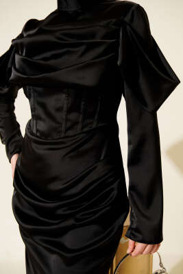 Drapeli Saten Abiye Elbise Siyah - Elbise