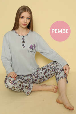 Dreamer Çiçek Baskılı Battal Pijama Takımı Pembe - Thumbnail