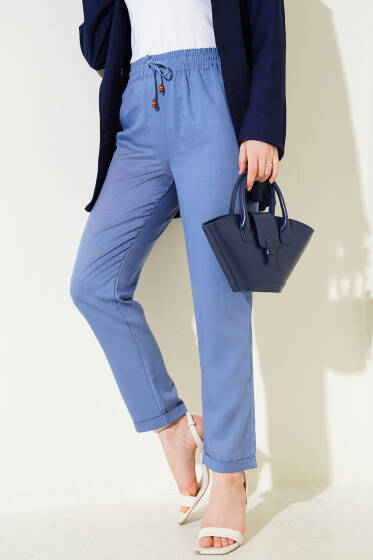 Duble Dar Paça Bel Lastikli Pantolon İndigo - Pantolon