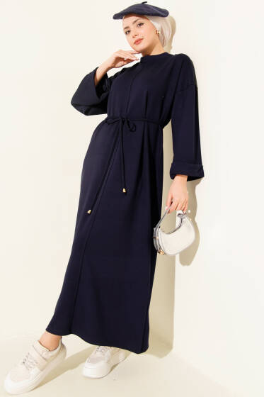 Duble Kol İp Bağcıklı Elbise Lacivert - Elbise