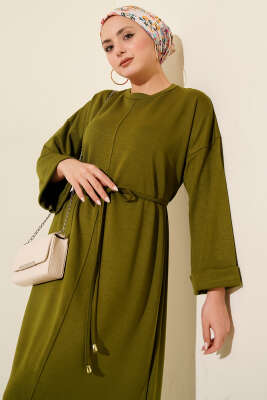 Duble Kol İp Bağcıklı Elbise Yağ Yeşili - Günün Seçilenleri