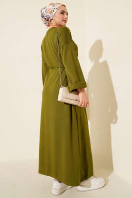 Duble Kol İp Bağcıklı Elbise Yağ Yeşili - Günün Seçilenleri