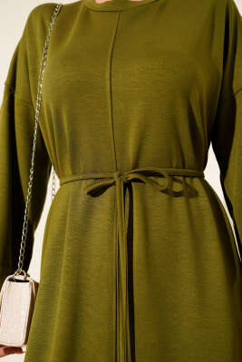Duble Kol İp Bağcıklı Elbise Yağ Yeşili - Günün Seçilenleri