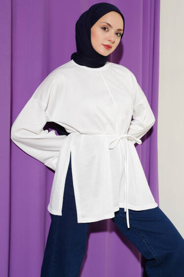 Duble Kol İp Bağcıklı Tunik Beyaz - Bayram Kombinleri