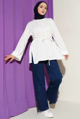 Duble Kol İp Bağcıklı Tunik Beyaz - Tunik