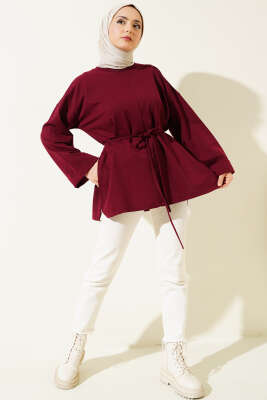 Duble Kol İp Bağcıklı Tunik Bordo - Bayram Kombinleri