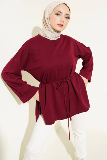 Duble Kol İp Bağcıklı Tunik Bordo - Tunik