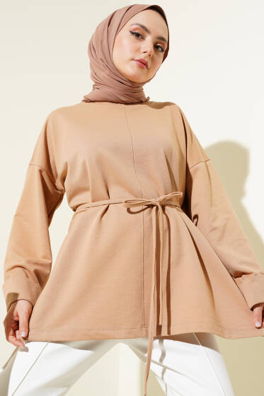 Duble Kol İp Bağcıklı Tunik Camel - Tunik