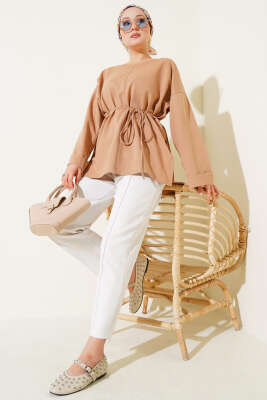 Duble Kol İp Bağcıklı Tunik Camel - Tunik
