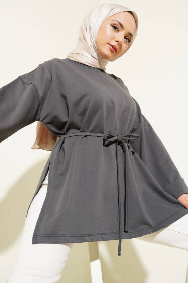 Duble Kol İp Bağcıklı Tunik Füme - Bayram Kombinleri