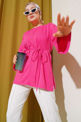 Duble Kol İp Bağcıklı Tunik Fuşya 