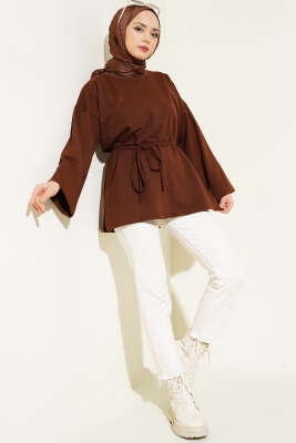Duble Kol İp Bağcıklı Tunik Kahve - Bayram Kombinleri