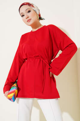 Duble Kol İp Bağcıklı Tunik Kırmızı - Bayram Kombinleri