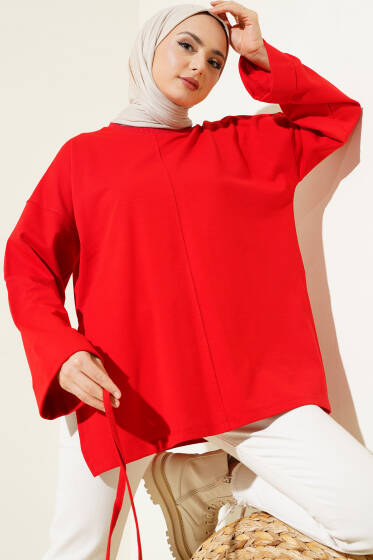 Duble Kol İp Bağcıklı Tunik Kırmızı - Triko Tunik