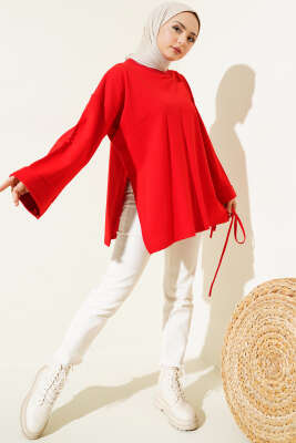 Duble Kol İp Bağcıklı Tunik Kırmızı - Triko Tunik