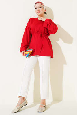 Duble Kol İp Bağcıklı Tunik Kırmızı - Triko Tunik