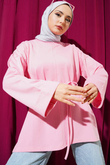Duble Kol İp Bağcıklı Tunik Pembe - Tunik
