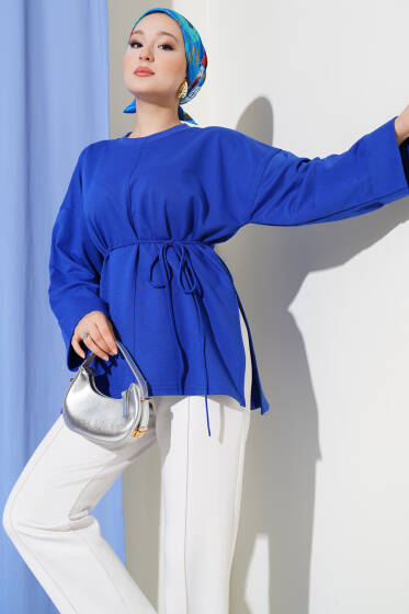 Duble Kol İp Bağcıklı Tunik Saks - Bayram Kombinleri