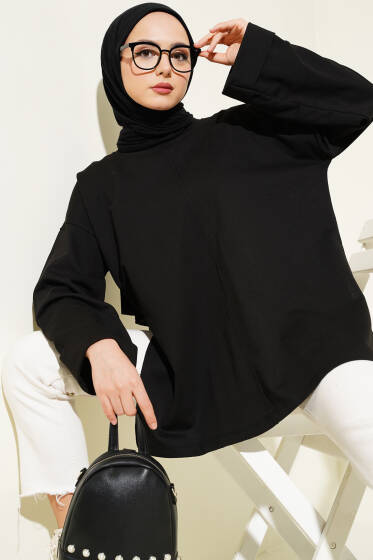 Duble Kol İp Bağcıklı Tunik Siyah - Bayram Kombinleri