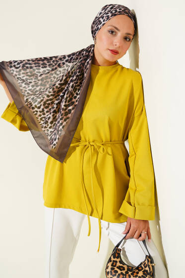 Duble Kol İp Bağcıklı Tunik Yağ Yeşili - Yılın Fırsatı