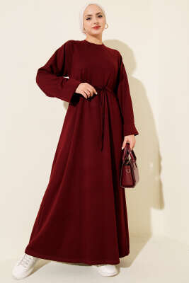 Duble Kol İp Kuşaklı Loyşa Elbise Bordo - ELİVA