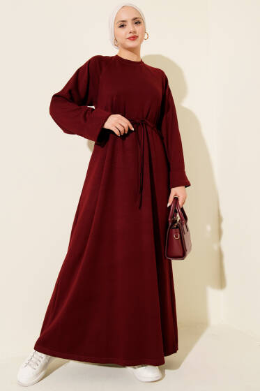 Duble Kol İp Kuşaklı Loyşa Elbise Bordo - Elbise