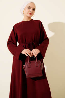 Duble Kol İp Kuşaklı Loyşa Elbise Bordo - Elbise