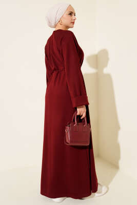 Duble Kol İp Kuşaklı Loyşa Elbise Bordo - Elbise