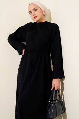 Duble Kol İp Kuşaklı Loyşa Elbise Lacivert - Elbise