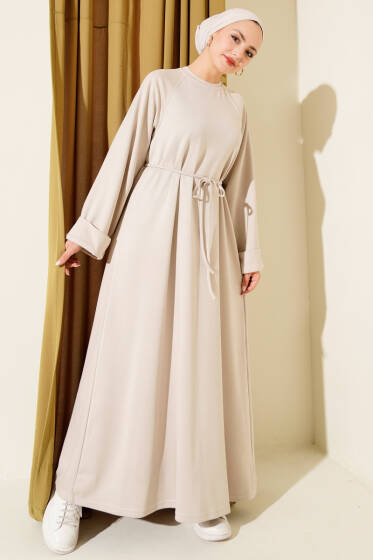 Duble Kol İp Kuşaklı Loyşa Elbise Taş - Elbise