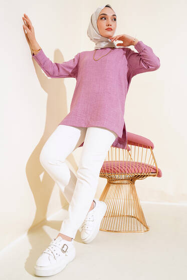 Duble Kol Keten Tunik Gül Kurusu - Tunik