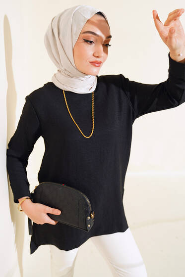 Duble Kol Keten Tunik Siyah - Tunik