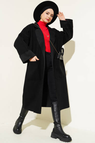 Duble Kol Kruvaze Yaka Kaban Siyah - Kaban