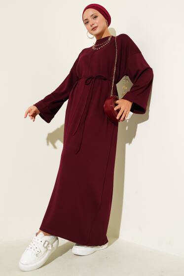 Duble Kol Salaş İp Kuşaklı Elbise Bordo - Elbise