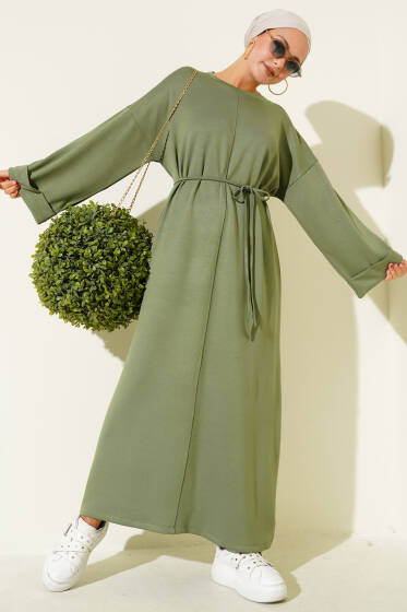 Duble Kol Salaş İp Kuşaklı Elbise Haki - Elbise