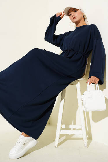 Duble Kol Salaş İp Kuşaklı Elbise Lacivert - Elbise