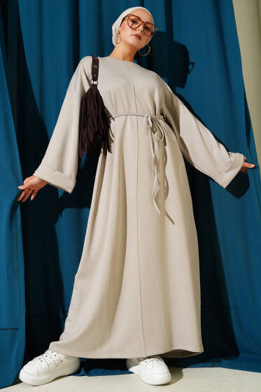 Duble Kol Salaş İp Kuşaklı Elbise Taş - Elbise