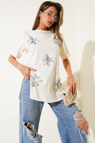 Duble Kol Tül Çiçekli T-shirt Bej - Kadın Giyim Modelleri